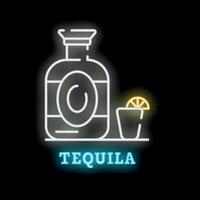 Neon sign showing bottle and shot glass of tequila with lime slice vector