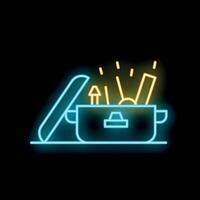 Glowing neon line icon of a cooking pot with vapor coming from it on a black background vector