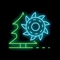 Glowing neon line tree and saw icon isolated on black background. Vector illustration