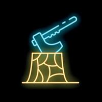 Neon blue axe sticking out of tree stump on black background vector