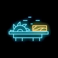 Circular saw cutting wood plank on machine in neon style vector