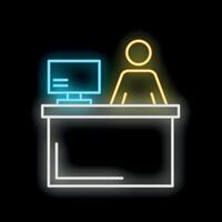 Neon office worker icon with computer on desk vector