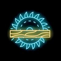 Neon circular saw cutting wooden plank icon on black background vector
