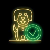 Neon sign of a dog with check mark approving pet friendly environment vector