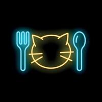 Neon sign of cat face with fork and spoon for pet cafe logo vector