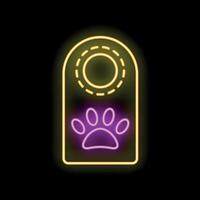 Neon glowing sign of a door hanger with a paw print on a black background vector