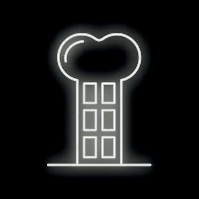 White neon sign shaped like a chef toque over black background