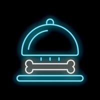 Blue glowing neon icon of a dog bone on a tray covered with a cloche vector