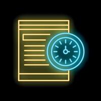 Neon icon of clock showing deadline for finishing important document vector