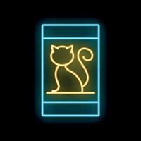 Neon glowing icon of a bag of food for cats with a sitting cat drawn inside vector