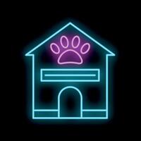 Glowing neon sign of pet hotel with dog paw print on black background vector