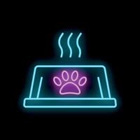 Neon icon of steaming bowl of pet food glowing on black background vector