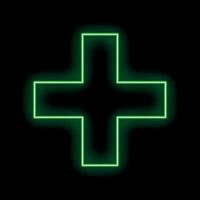 Green neon cross glowing on black background vector