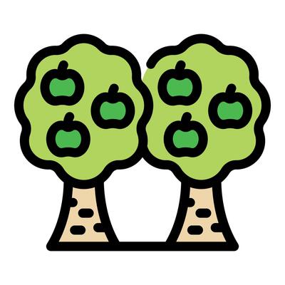 Green apple orchard with two trees growing fruit icon