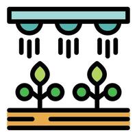 Smart farm system watering seedlings growing from soil icon vector