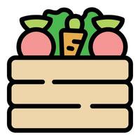 Wooden crate overflowing with freshly picked radishes, carrots, and lettuce vector
