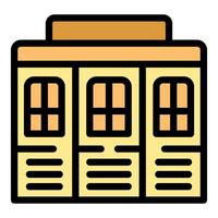 Three section facade building with arched windows and empty signboard icon vector