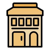 Two story building facade with awning and multiple windows icon vector