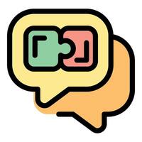 Speech bubbles showing two puzzle pieces connecting in a conversation about finding solutions vector
