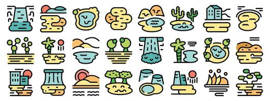 Discovering diverse landscapes, exploring oasis, desert, waterfall, dam, and cityscapes in vibrant icons vector