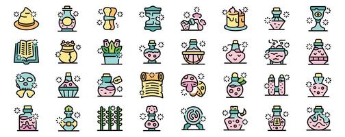 Colorful collection of alchemy and witchcraft icons representing magical practices vector