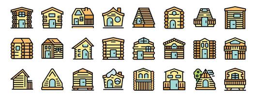 Log cabin icons showing cozy wooden houses in forest or mountain locations vector