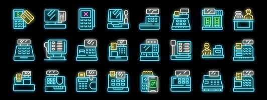 Neon icons of cash registers, pos terminals, and payment processing illuminating retail and commerce vector