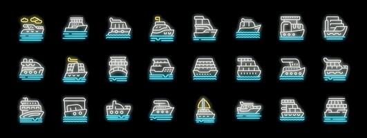 Collection of neon icons representing various types of ships sailing on water vector