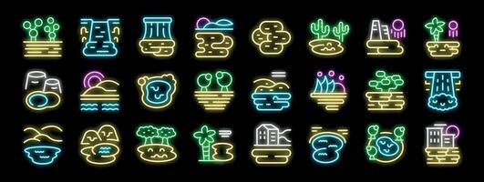 Neon landscape icons representing various natural and urban environments vector