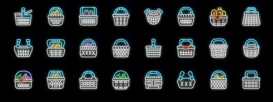 Neon baskets icons showing various styles and contents for shopping or picnics vector