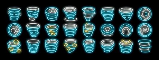 Twister whirlwind spinning in glowing neon style icons set vector