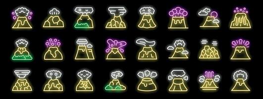 Volcano erupting with lava and smoke in neon style icons vector
