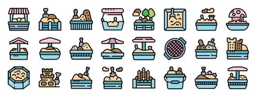 Sandbox icons set showing children playing with sand and toys vector