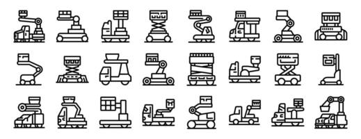 Lift platform basket icons set. Lifting platform trucks raising and extending for construction and maintenance tasks vector