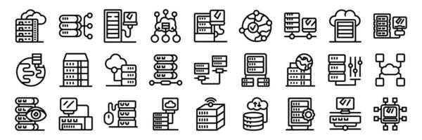 Dedicated server icons set. Data center management and cloud computing connecting global networks vector