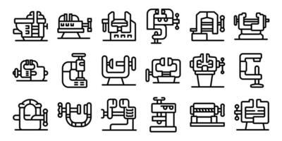 Machine vice icons set. Vise grip holding tool fixing equipment bench clamp pressing machine icons set outline style vector