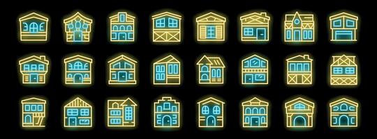 Neon icons of houses representing residential architecture and city buildings vector