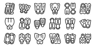 Scuba flippers icons set. Diver fins, flippers for diving and swimming icons set, line style vector