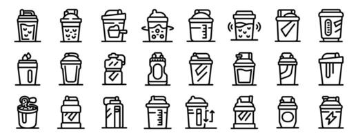 Shaker protein drink icons set. Protein shaker bottles for nutrient rich drinks and supplements vector