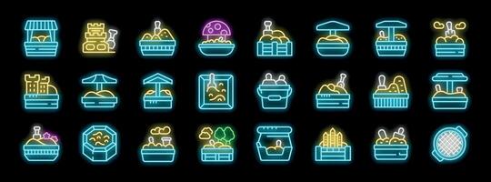 Sandbox icons set, children playground equipment glowing neon style vector