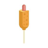 Delicious corn dog being dipped in mustard on white background vector