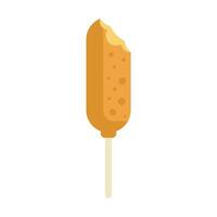 Bitten corn dog on a stick being held up vector