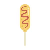 Delicious corn dog on a stick with mustard drizzled on top vector