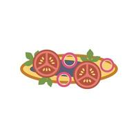 Oval dish containing sliced tomatoes and onions with basil leaves vector