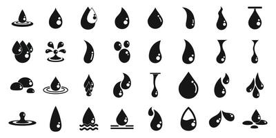 Waterdrop icons set. Water droplets falling and splashing, creating ripples and puddles vector