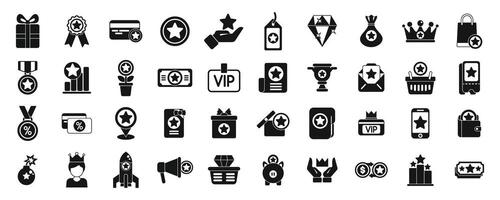 Exclusive benefits icons set. Vip rewards program offering exclusive perks and privileges vector