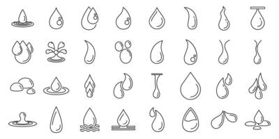 Waterdrop icons set. Water droplets forming puddles, ripples, and splashes, a comprehensive set of line icons vector