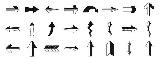 Straight long arrow icons set. Collection of various black and white arrows showing different directions vector