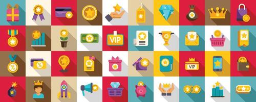 Exclusive benefits icons set. Loyalty program providing premium benefits and exclusive rewards to customers vector