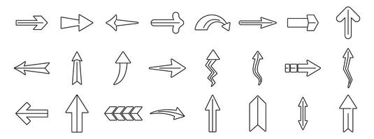 Straight long arrow icons set. Collection of various thin line arrows pointing in different directions vector